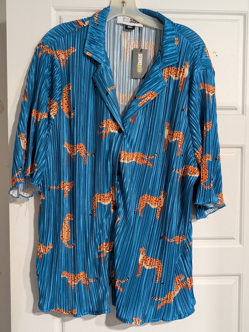 Pleated Blue Button-Front Blouse with Orange Cheetah Print